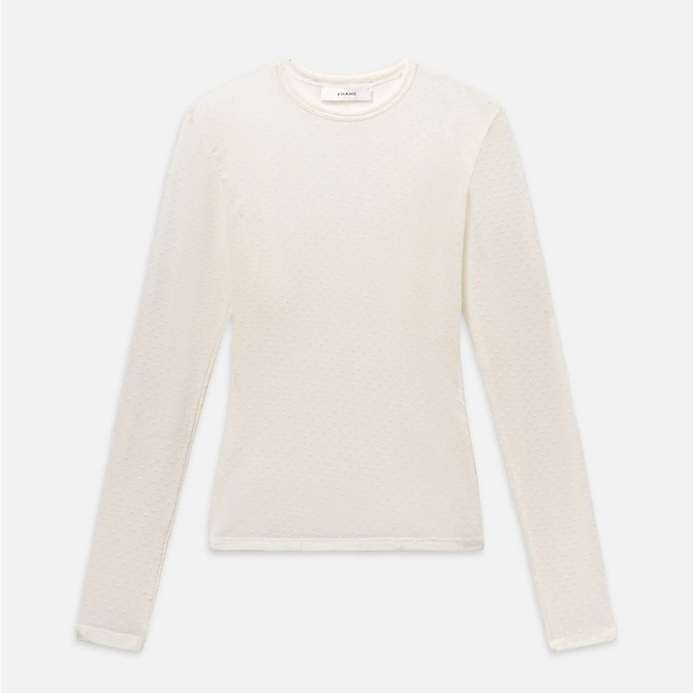 Frame The Mesh Polka Dot Top in Cream Off White S Sheer Cewneck Long Sleeve $278 - Picture 7 of 16